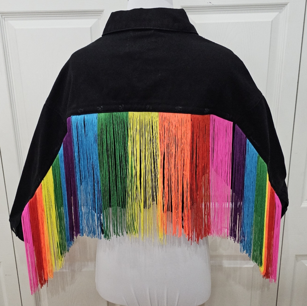 Dolls Kill Club Exx Rainbow Fringe Feel This Moment Black Denim Jacket Coat - Picture 9 of 9